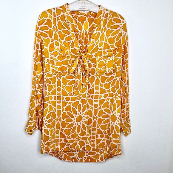 Indah Womens Laced Front Cover up Tunic Dress XS Geo Orange White Long Sleeve - Picture 1 of 5